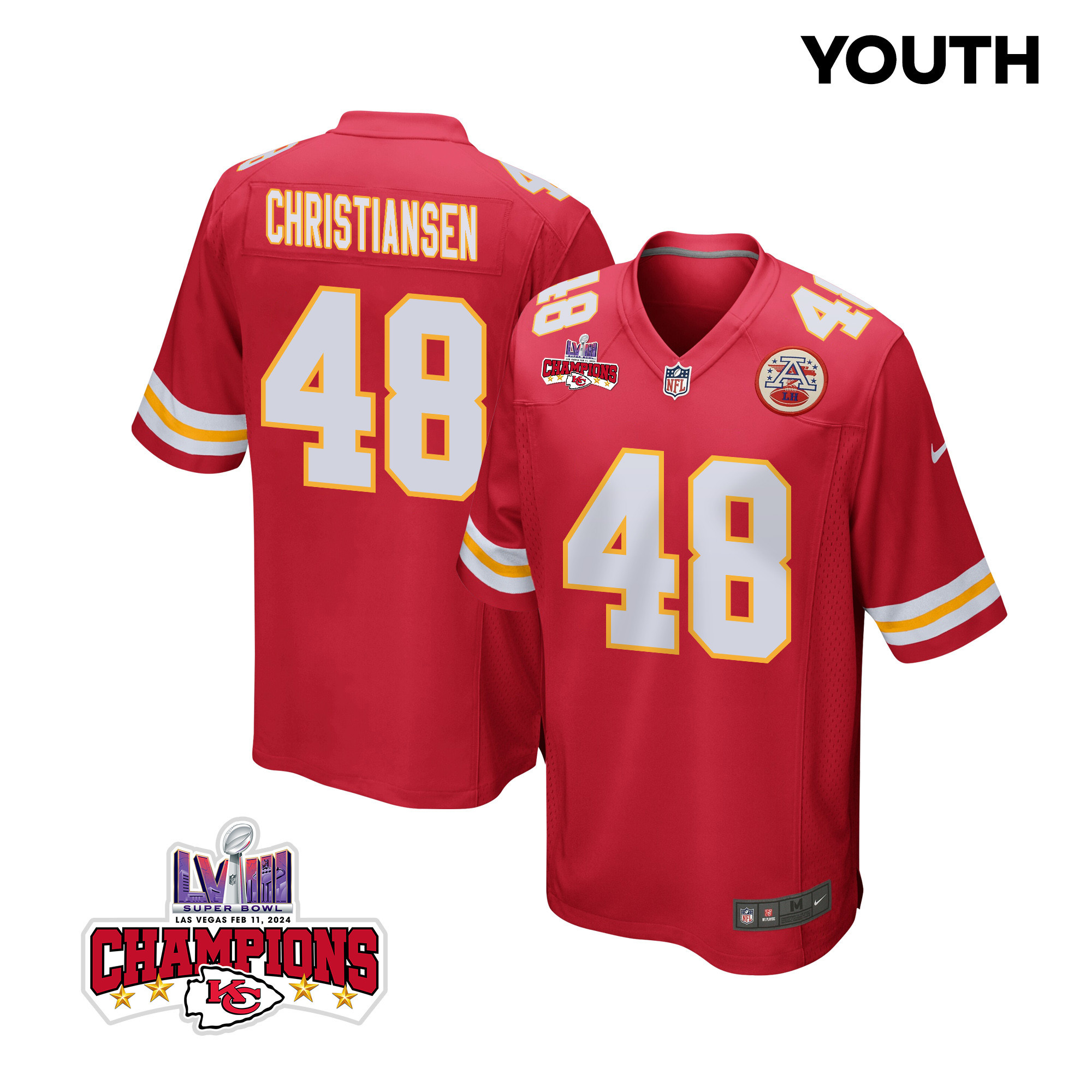 Cole Christiansen 48 Kansas City Chiefs Super Bowl Lviii Champions 4 Stars Patch Game Youth Jersey - Red Js2196