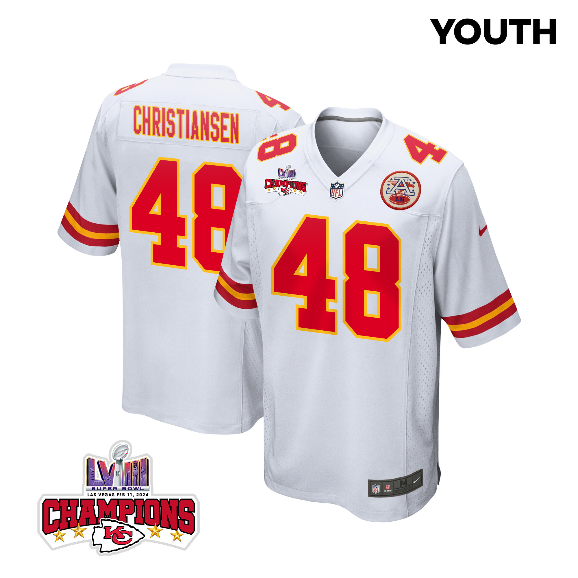 Cole Christiansen 48 Kansas City Chiefs Super Bowl Lviii Champions 4 Stars Patch Game Youth Jersey - White Js4314