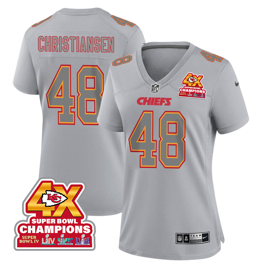 Cole Christiansen 48 Kansas City Chiefs Super Bowl Lviii Champions 4x Atmosphere Fashion Game Women Jersey - Gray Js4621