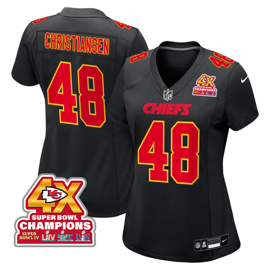 Cole Christiansen 48 Kansas City Chiefs Super Bowl Lviii Champions 4x Fashion Game Women Jersey - Carbon Black Js3209