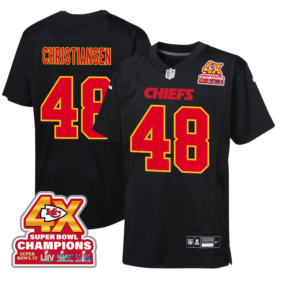 Cole Christiansen 48 Kansas City Chiefs Super Bowl Lviii Champions 4x Fashion Game Youth Jersey - Carbon Black Js1787