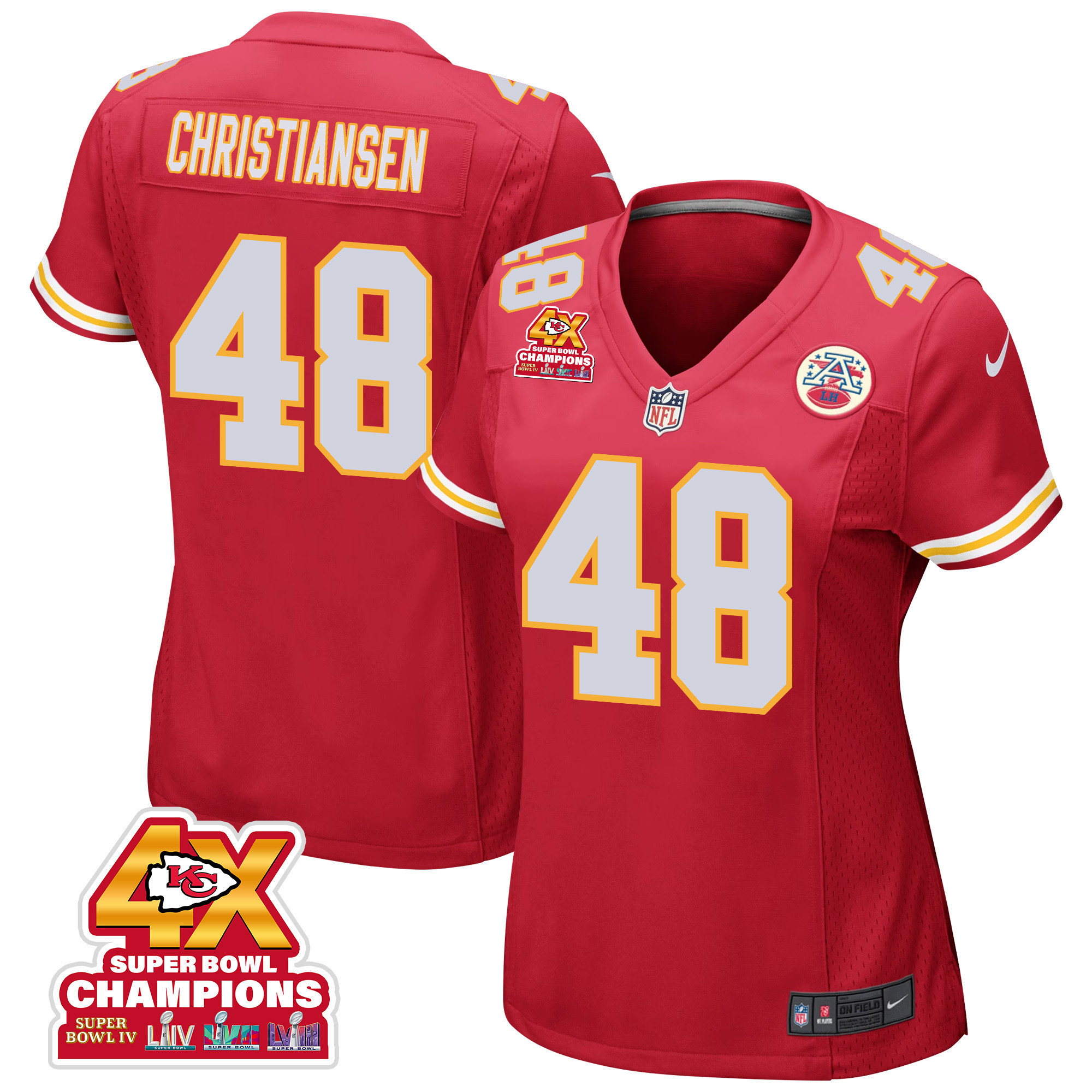 Cole Christiansen 48 Kansas City Chiefs Super Bowl Lviii Champions 4x Game Women Jersey - Red Js9514
