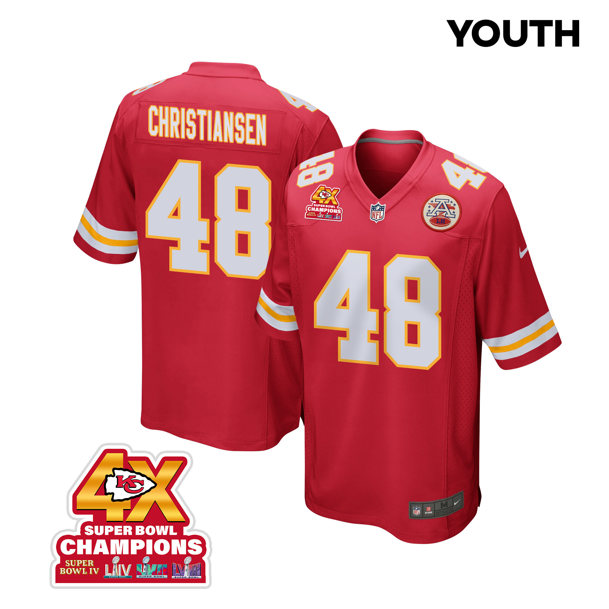 Cole Christiansen 48 Kansas City Chiefs Super Bowl Lviii Champions 4x Game Youth Jersey - Red Js8936