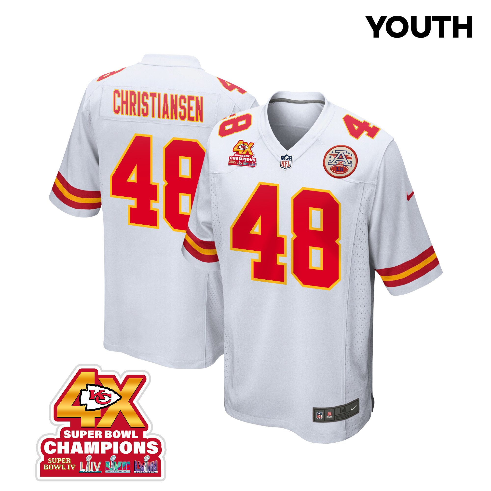 Cole Christiansen 48 Kansas City Chiefs Super Bowl Lviii Champions 4x Game Youth Jersey - White Js8754