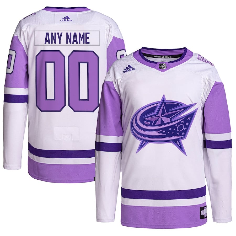 Columbus Blue Jackets Hockey Fights Cancer Primegreen Custom Men Jersey - White/purple