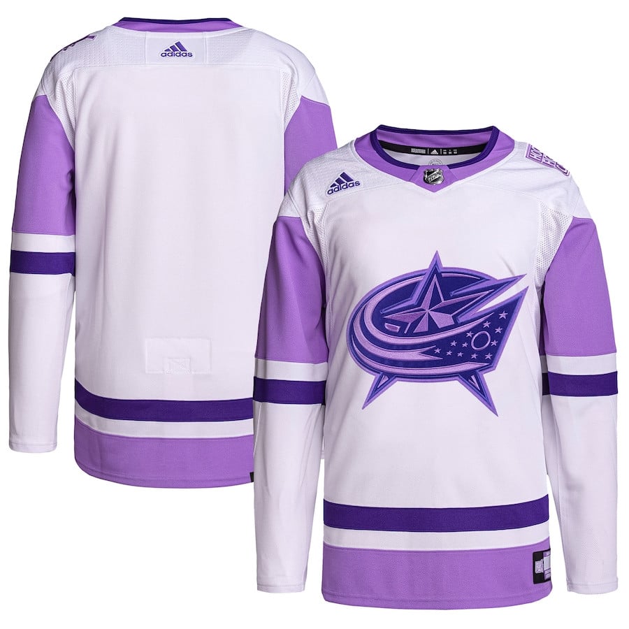 Columbus Blue Jackets Hockey Fights Cancer Primegreen Men Jersey - White/purple