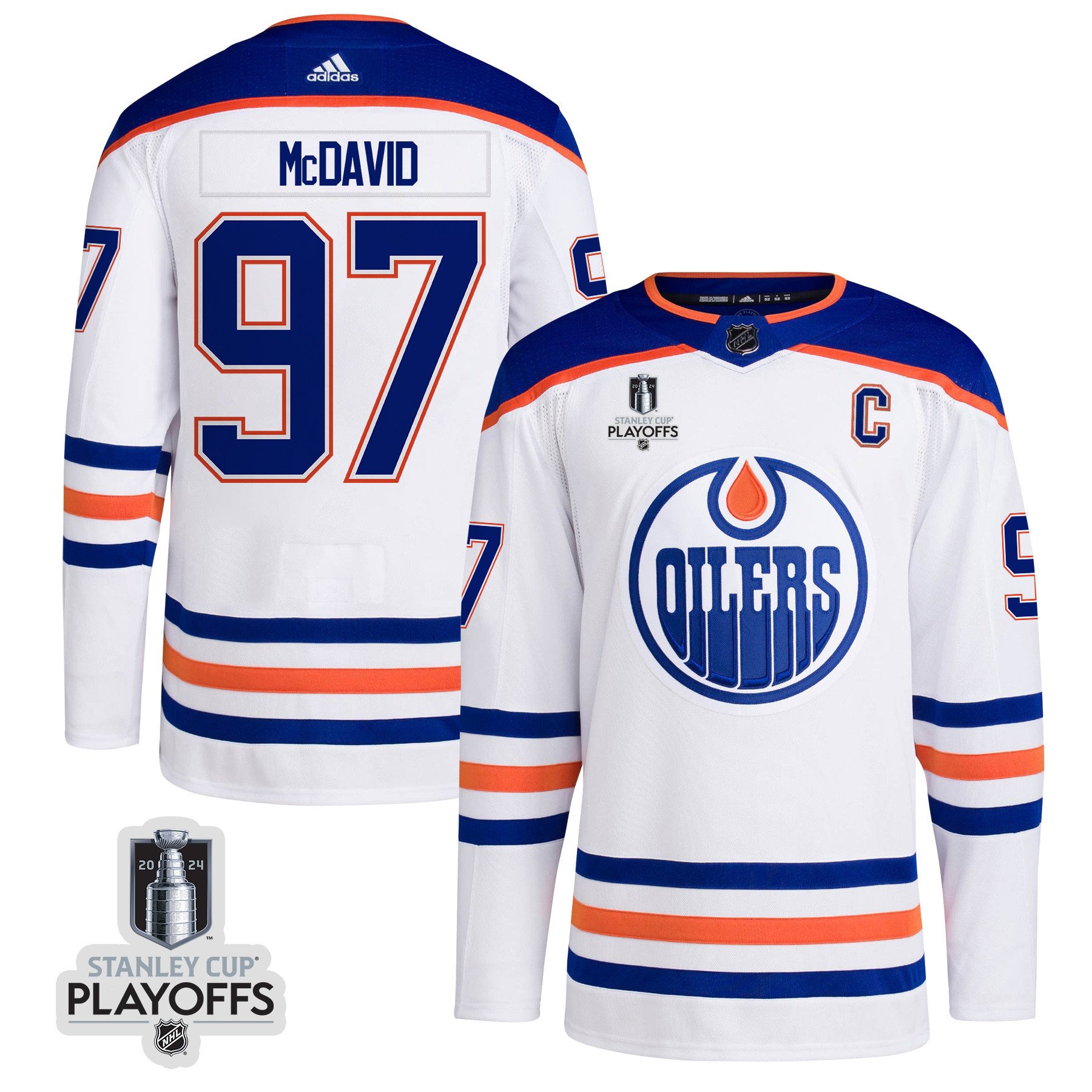 Connor Mcdavid 97 Edmonton Oilers 2024 Nhl Playoffs Patch Away Jersey - Men, White