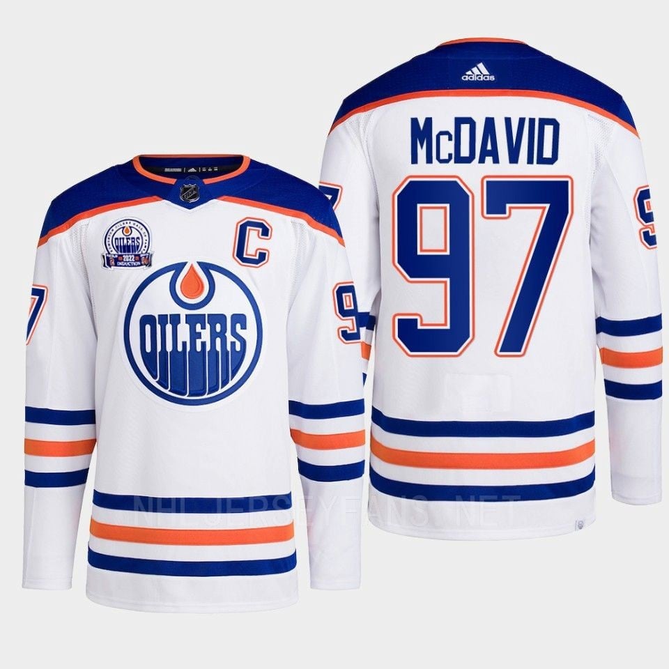 Connor Mcdavid 97 Edmonton Oilers White Jersey 2022 Lee Ryan Hall Of Fame Patch Away