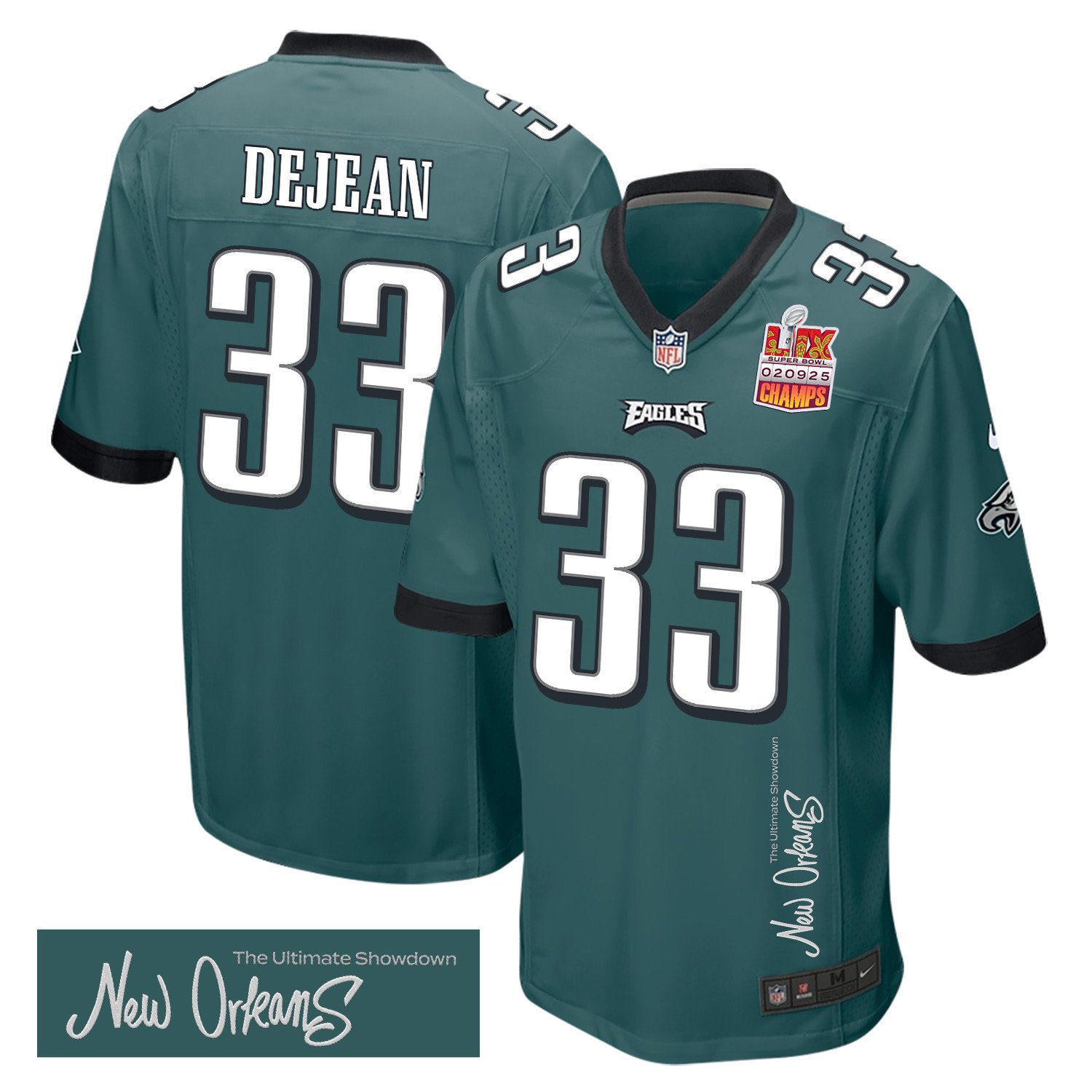 Cooper Dejean 33 Philadelphia Eagles Super Bowl Lix Champions Patch 'new Orleans - The Ultimate Showdown' Embroidered Game Men Jersey - Midnight Green Js5025