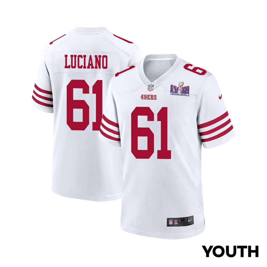 Corey Luciano 61 San Francisco 49ers Super Bowl Lviii Patch Game Youth Jersey - White Js3674