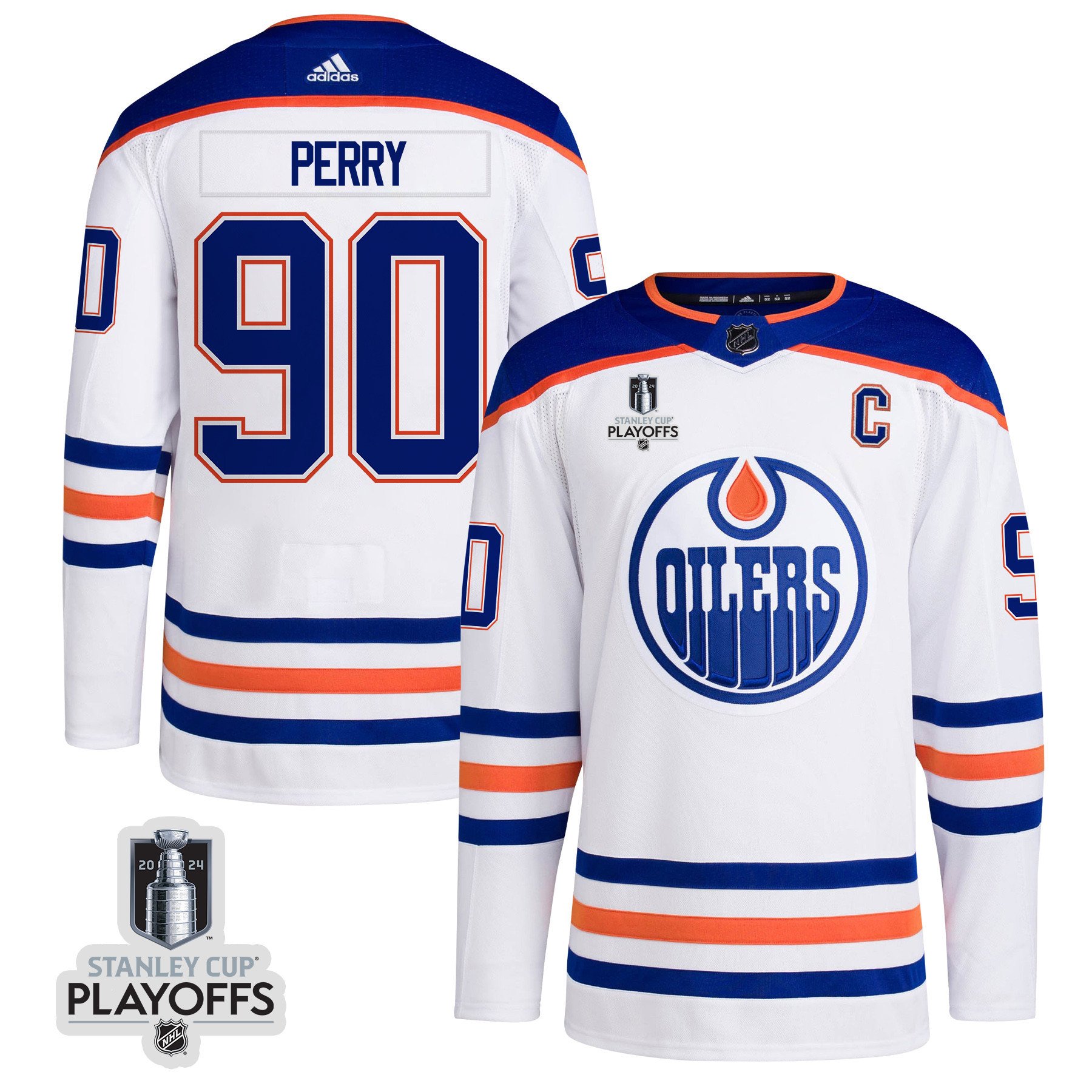 Corey Perry 90 Edmonton Oilers 2024 Nhl Playoffs Patch Away Jersey - Men, White