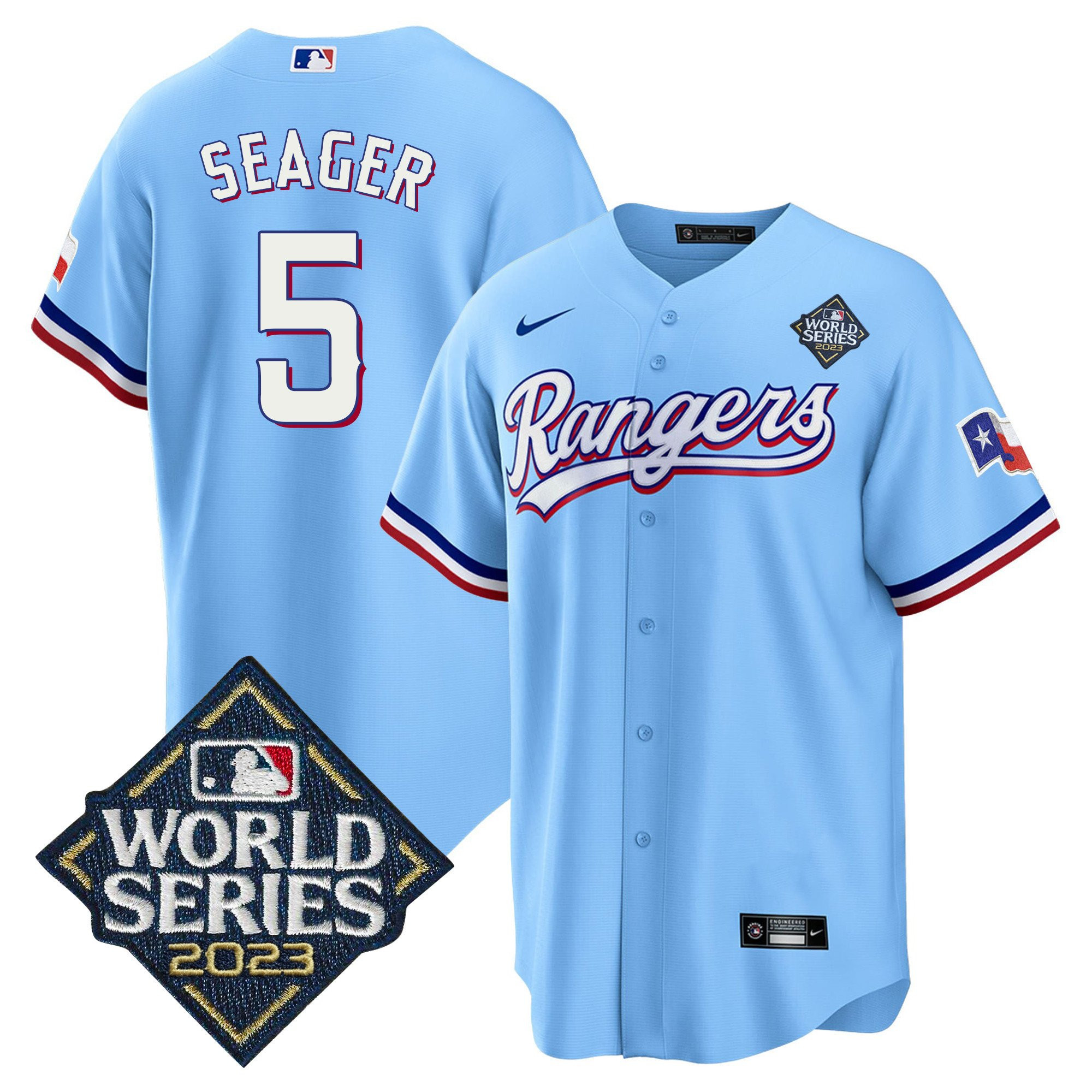 Corey Seager 5 Texas Rangers 2023 World Series Stitched Baseball Jersey - Blue