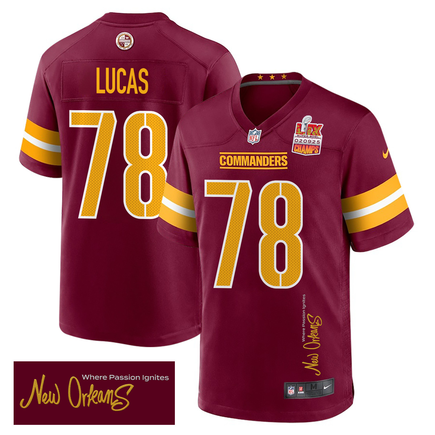 Cornelius Lucas 78 Washington Commanders Super Bowl Lix Champions Patch 'new Orleans - Where Passion Ignites' Embroidered Game Men Jersey - Burgundy Js4632
