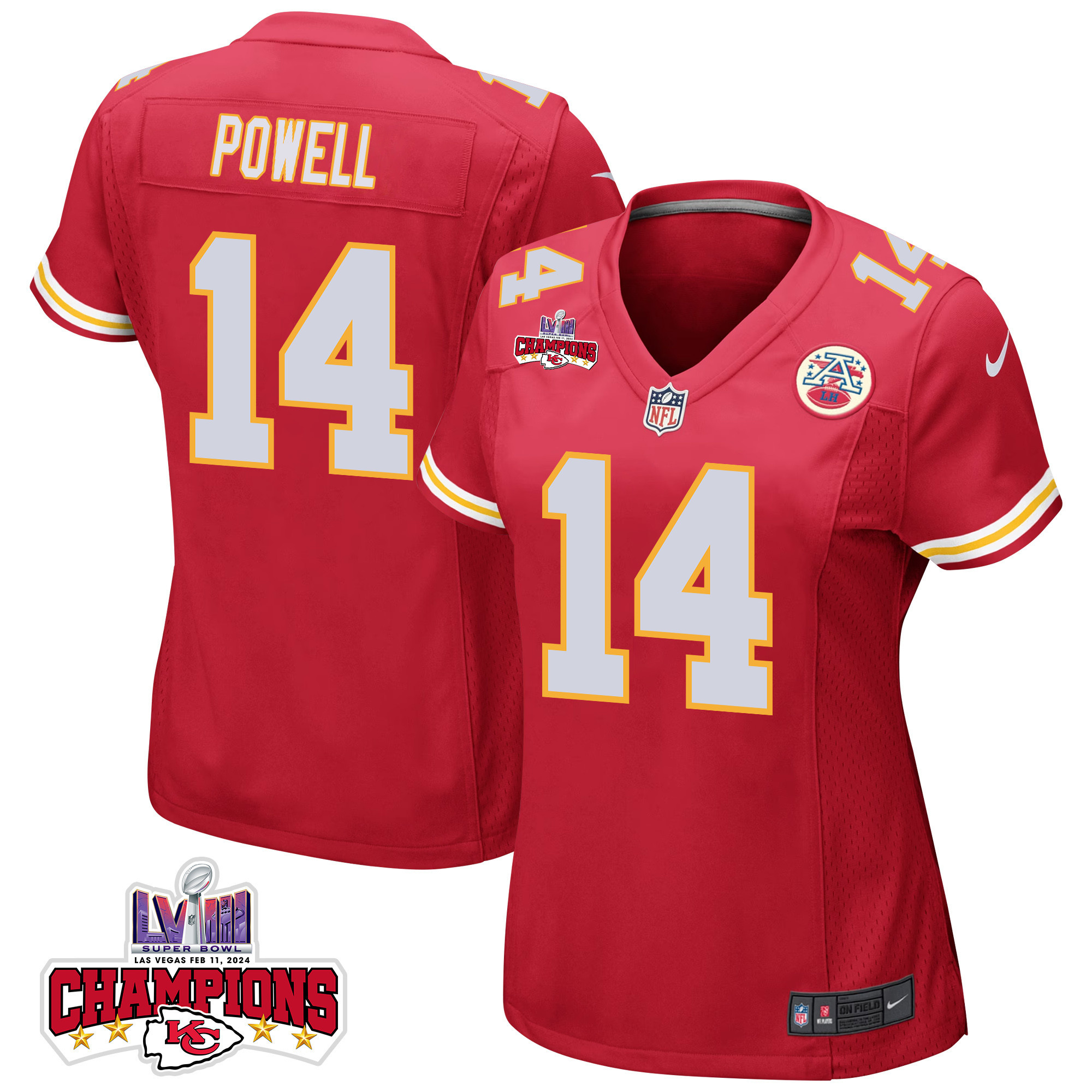 Cornell Powell 14 Kansas City Chiefs Super Bowl Lviii Champions 4 Stars Patch Game Women Jersey - Red Js9685