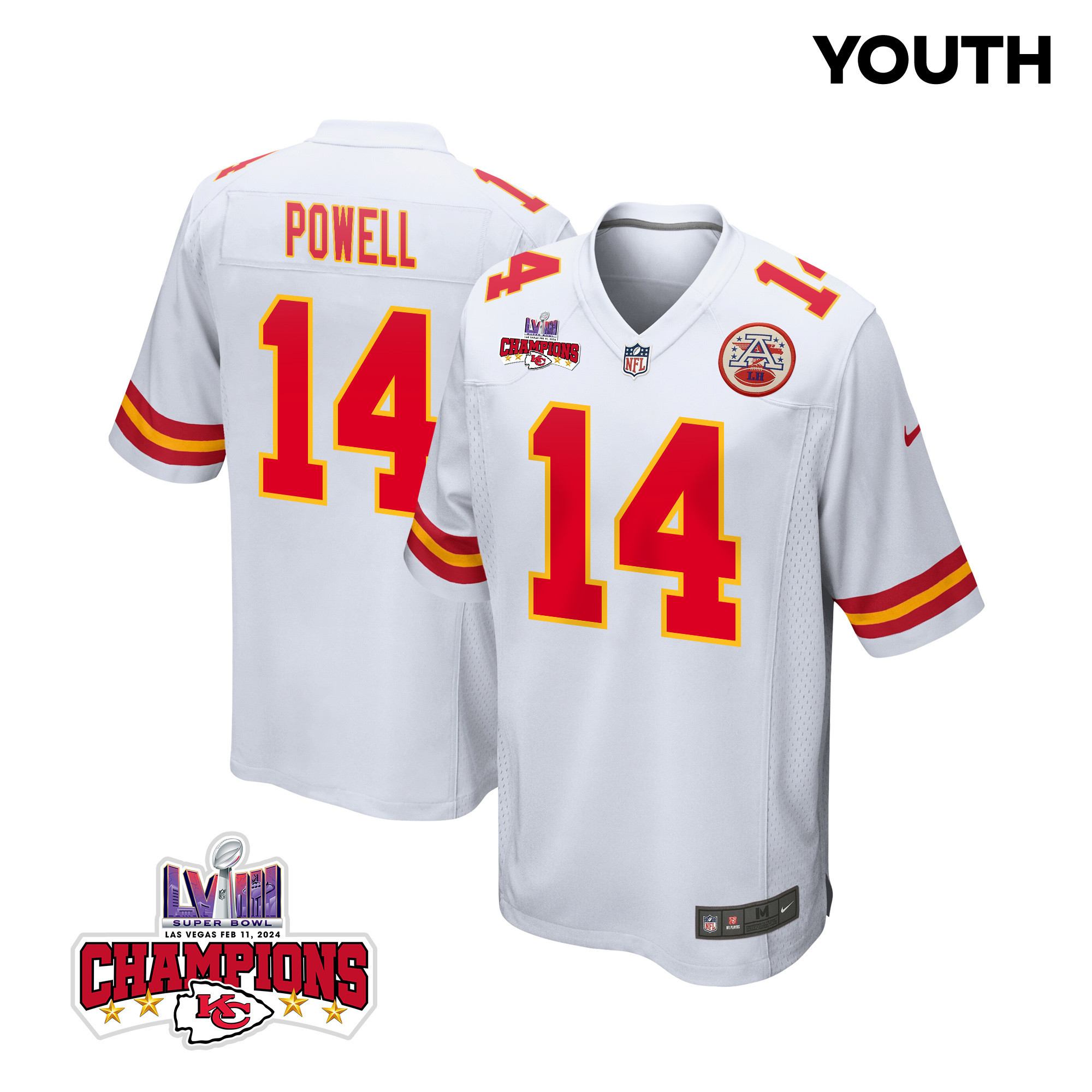 Cornell Powell 14 Kansas City Chiefs Super Bowl Lviii Champions 4 Stars Patch Game Youth Jersey - White Js3828