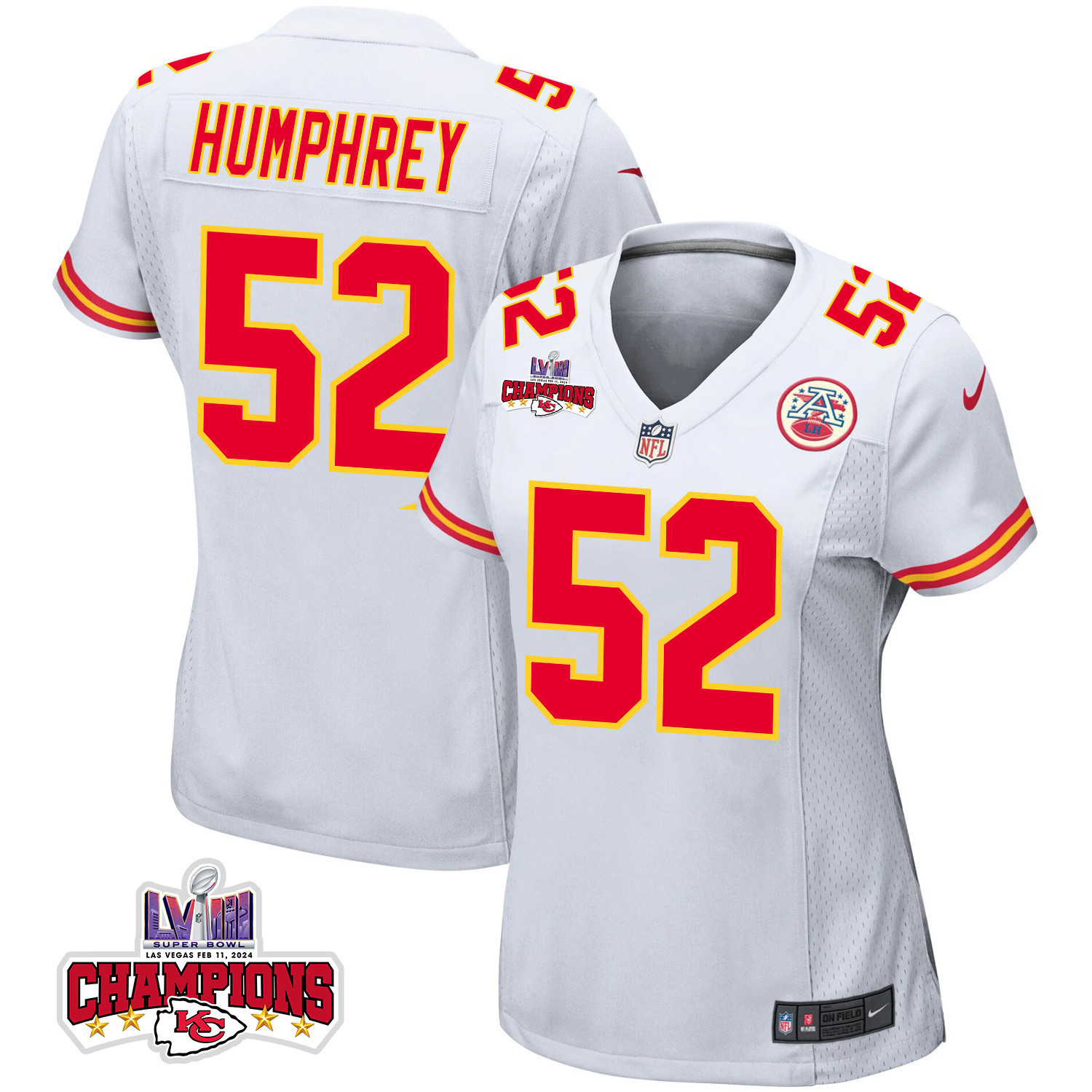 Creed Humphrey 52 Kansas City Chiefs Super Bowl Lviii Champions 4 Stars Patch Game Women Jersey - White Js2655