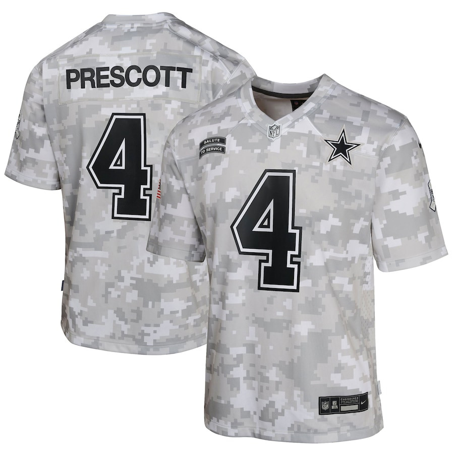 Dak Prescott 4 Dallas Cowboys 2024 Salute To Service Game Youth Jersey - Arctic Camo Js9792