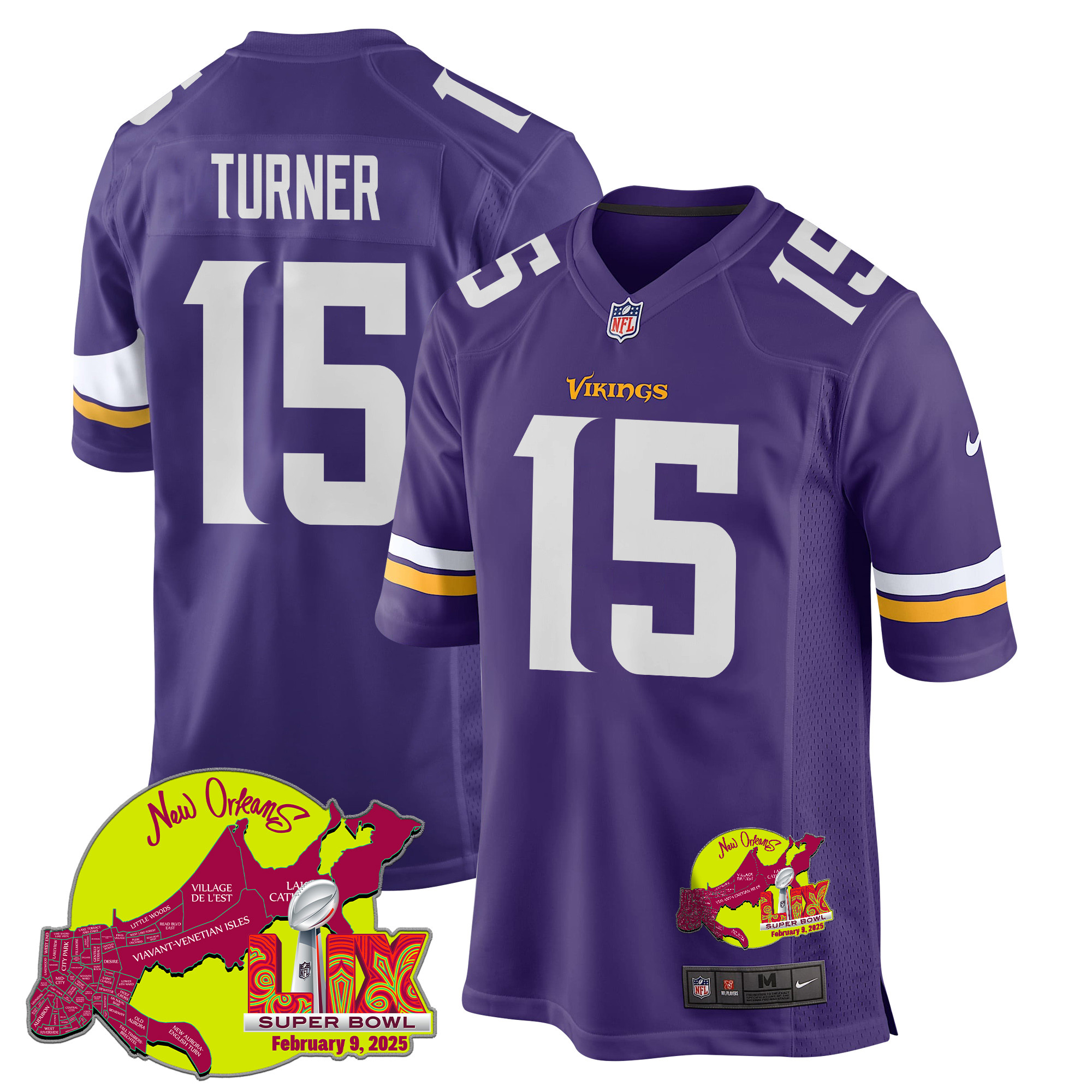 Dallas Turner 15 Minnesota Vikings Super Bowl Lix New Orleans Patch Game Men Jersey - Purple Js6616