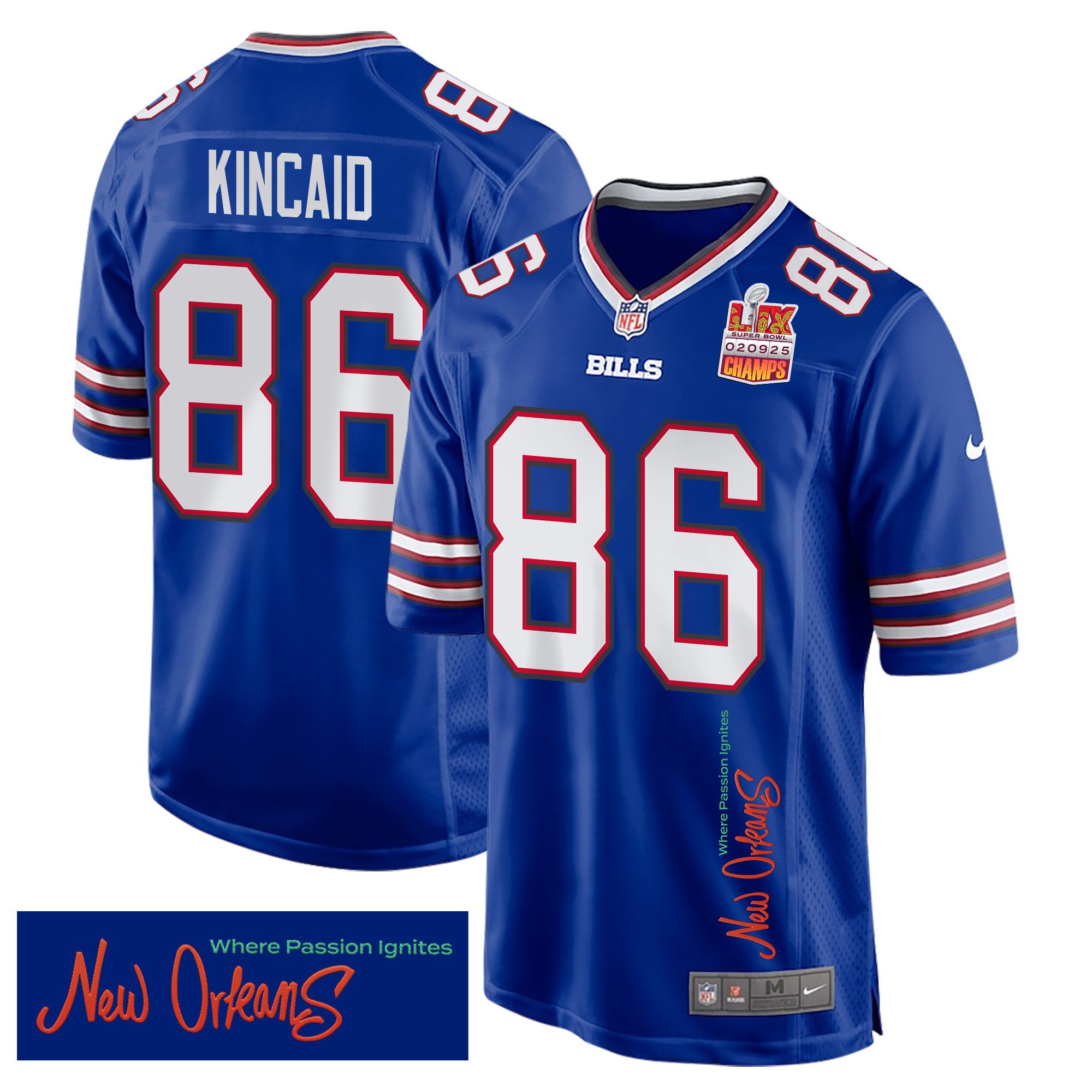 Dalton Kincaid 86 Buffalo Bills Super Bowl Lix Champions Patch 'new Orleans - Where Passion Ignites' Embroidered Game Men Jersey - Royal Js9999