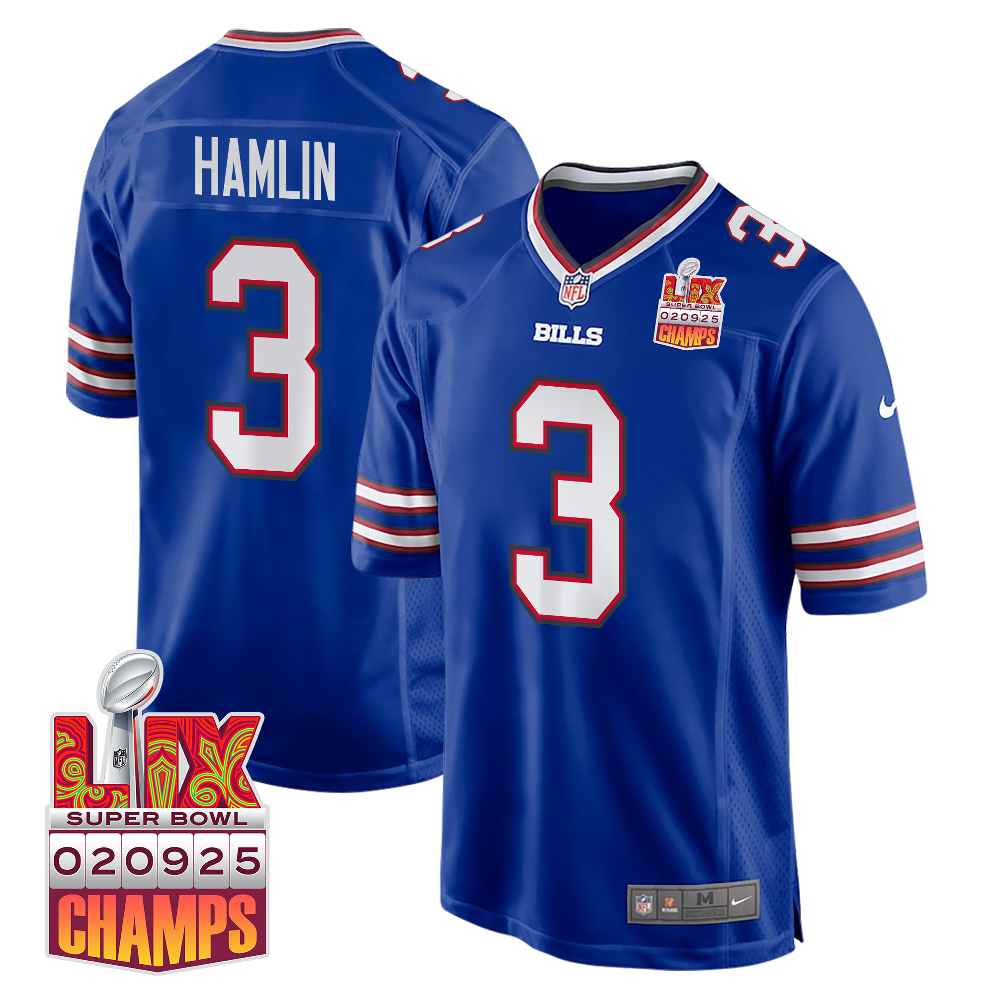 Damar Hamlin 3 Buffalo Bills Super Bowl Lix Champions Patch Game Men Jersey - Royal Js1714
