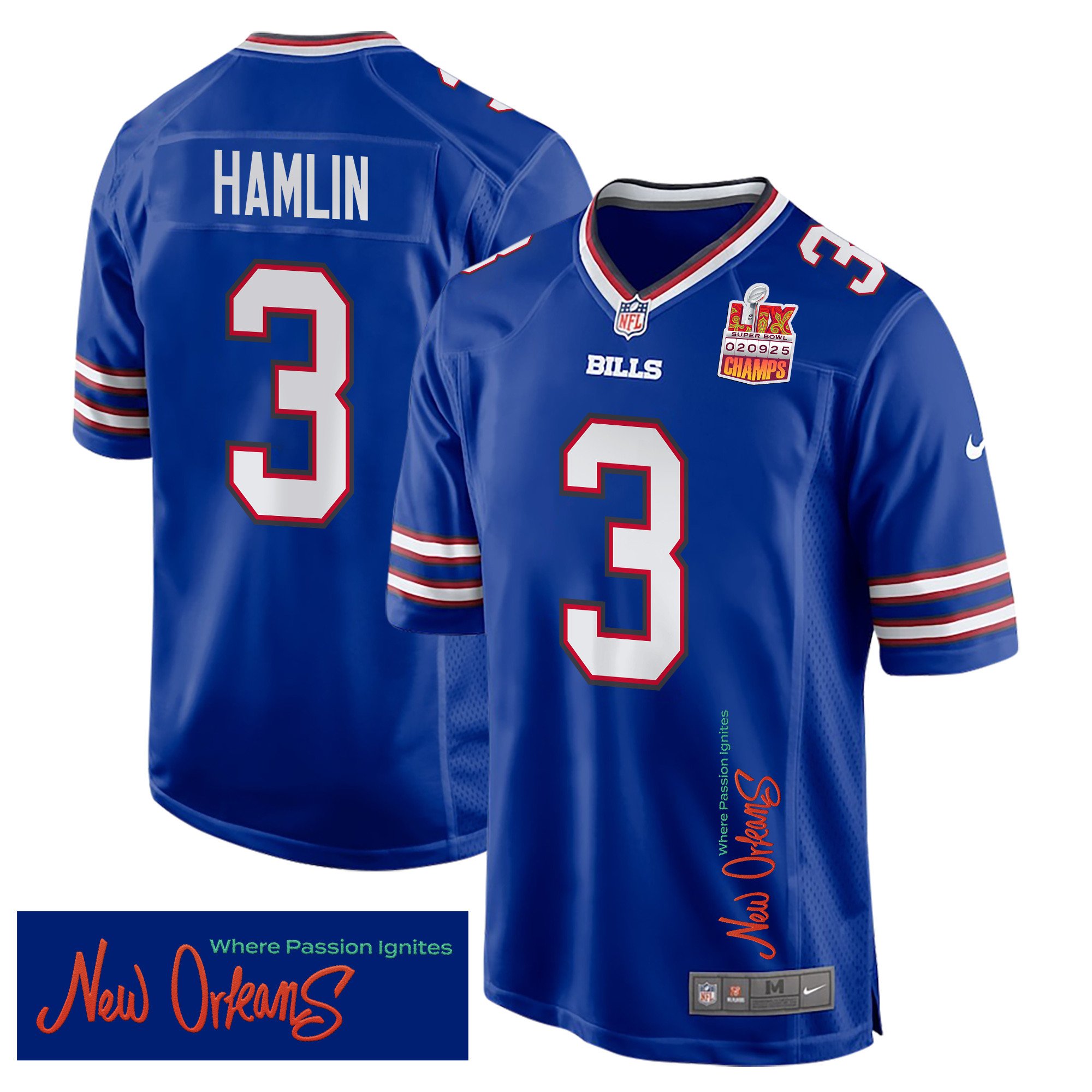 Damar Hamlin 3 Buffalo Bills Super Bowl Lix Champions Patch 'new Orleans - Where Passion Ignites' Embroidered Game Men Jersey - Royal Js7237