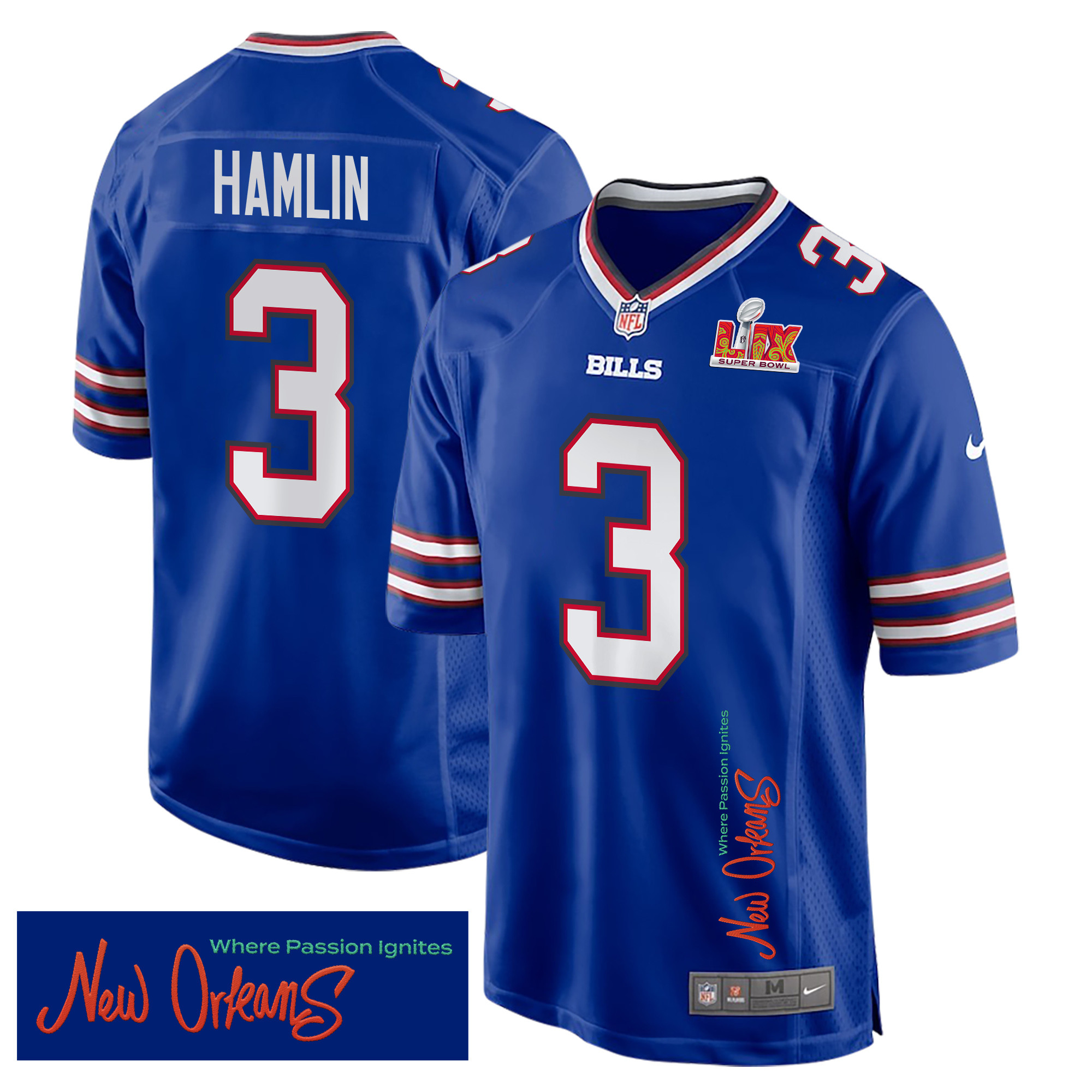 Damar Hamlin 3 Buffalo Bills Super Bowl Lix 'new Orleans - Where Passion Ignites' Embroidered Game Men Jersey - Royal Js9223