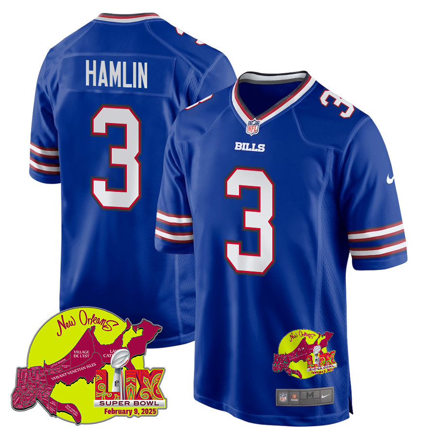 Damar Hamlin 3 Buffalo Bills Super Bowl Lix New Orleans Patch Game Men Jersey - Royal Js2838