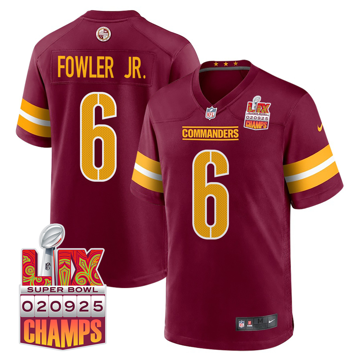 Dante Fowler Jr. 6 Washington Commanders Super Bowl Lix Champions Patch Game Men Jersey - Burgundy Js2565