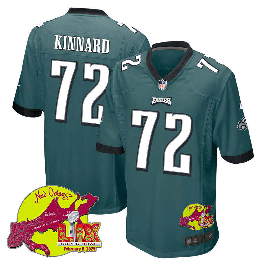 Darian Kinnard 72 Philadelphia Eagles Super Bowl Lix New Orleans Patch Game Men Jersey - Midnight Green Js4973