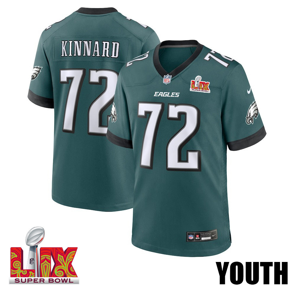 Darian Kinnard #72 Philadelphia Eagles Super Bowl Lix Youth Jersey - Midnight Green Js7435