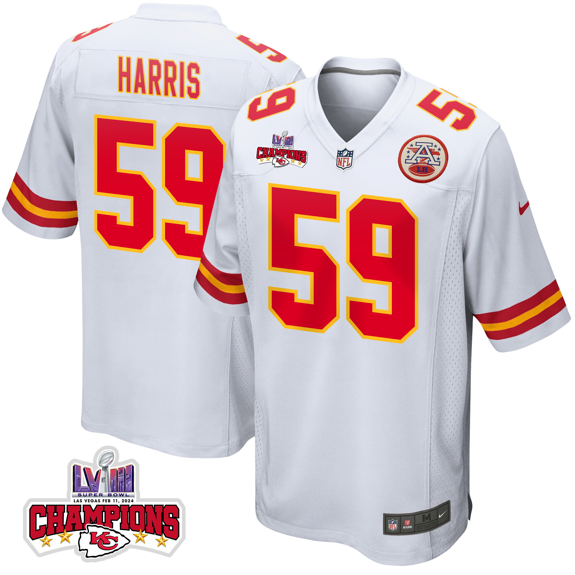 Darius Harris 59 Kansas City Chiefs Super Bowl Lviii Champions 4 Stars Patch Game Men Jersey - White Js6068