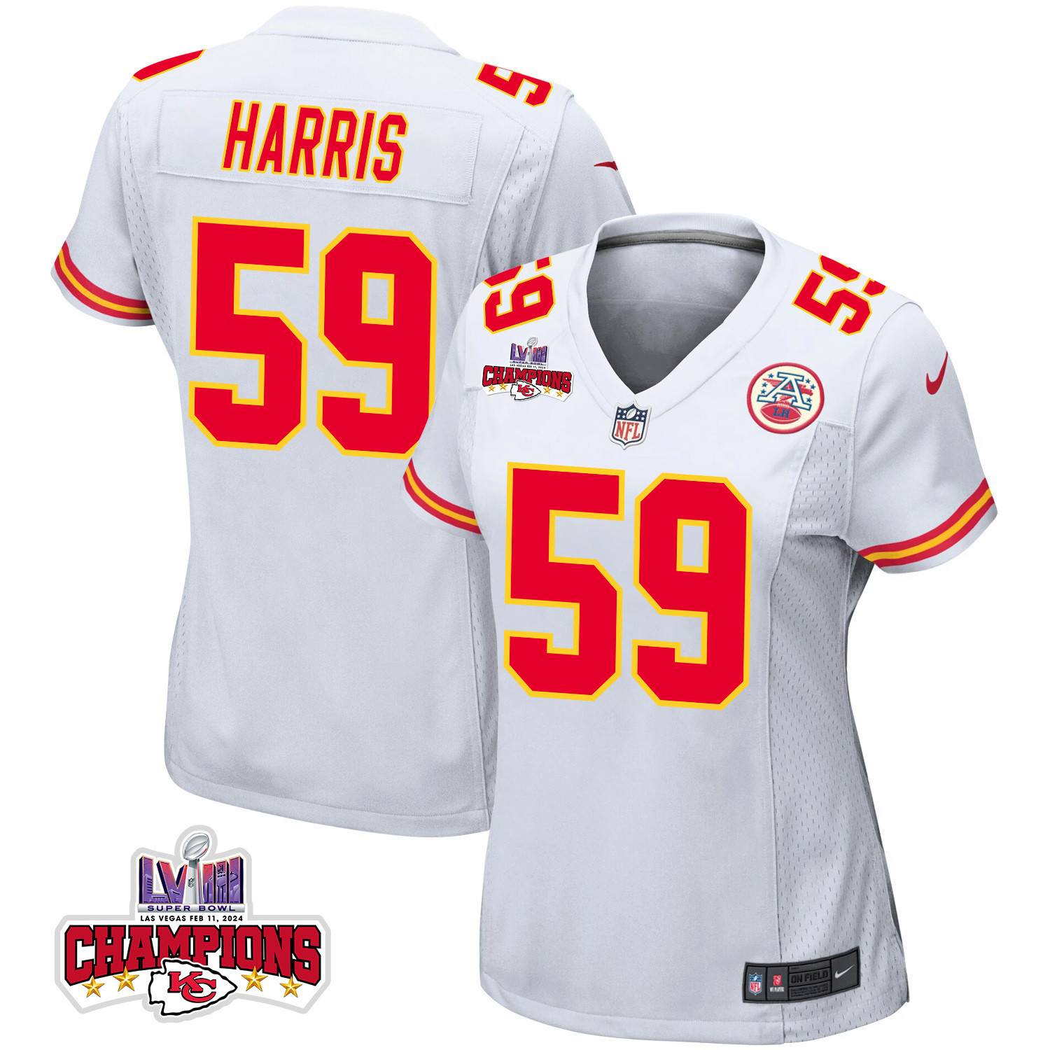 Darius Harris 59 Kansas City Chiefs Super Bowl Lviii Champions 4 Stars Patch Game Women Jersey - White Js5765