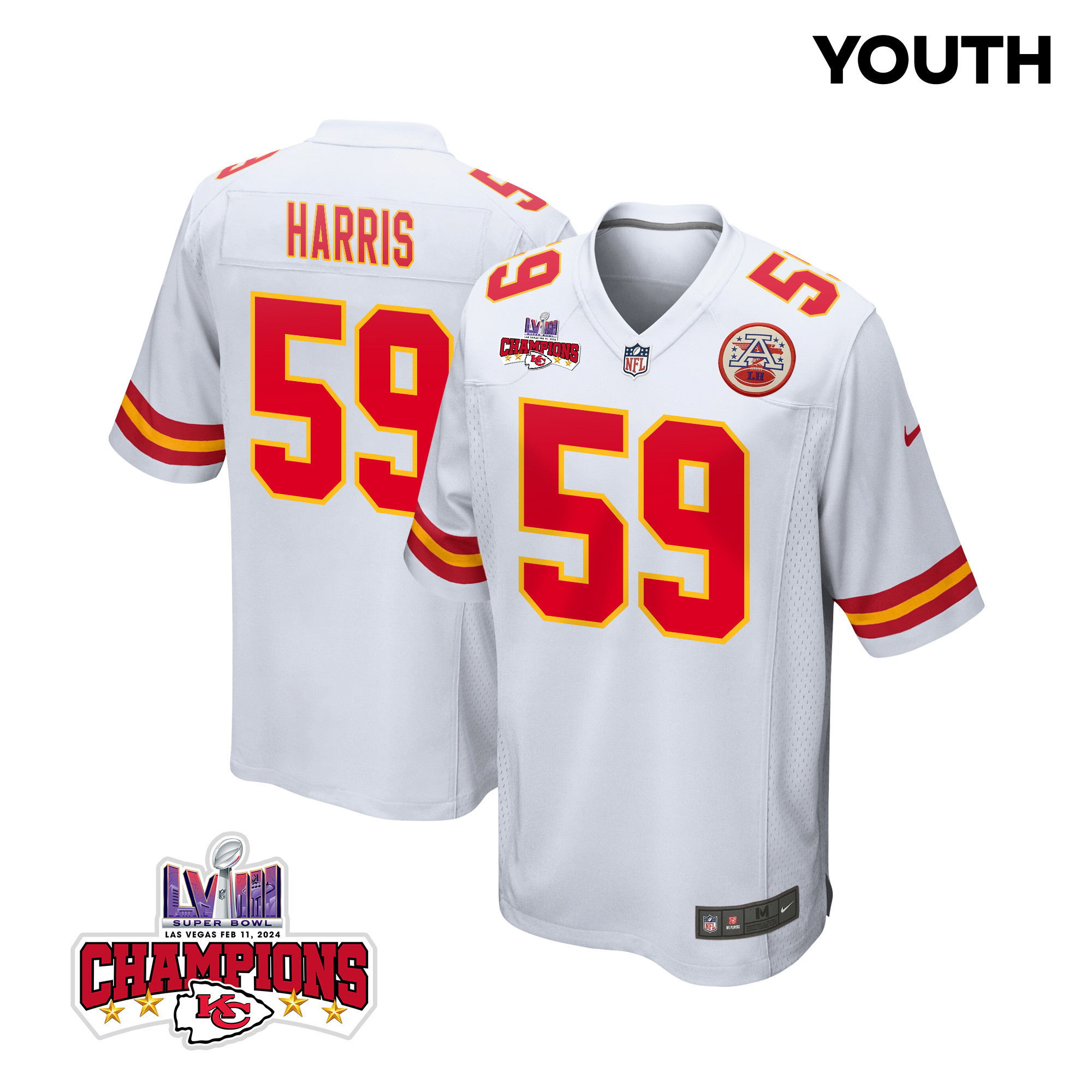 Darius Harris 59 Kansas City Chiefs Super Bowl Lviii Champions 4 Stars Patch Game Youth Jersey - White Js7599