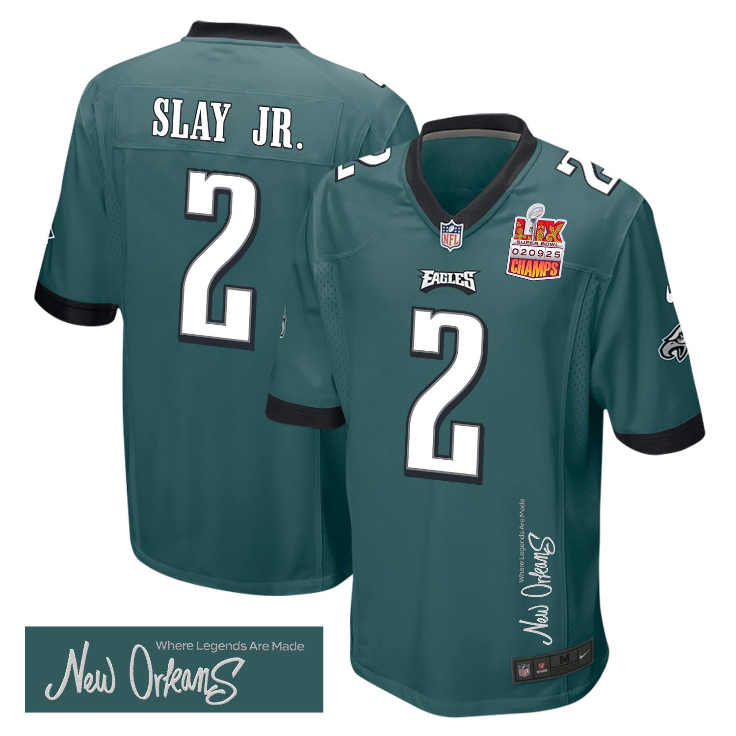 Darius Slay Jr. 2 Philadelphia Eagles Super Bowl Lix Champions Patch 'new Orleans - Where Legends Are Made' Embroidered Game Men Jersey - Midnight Green Js4056