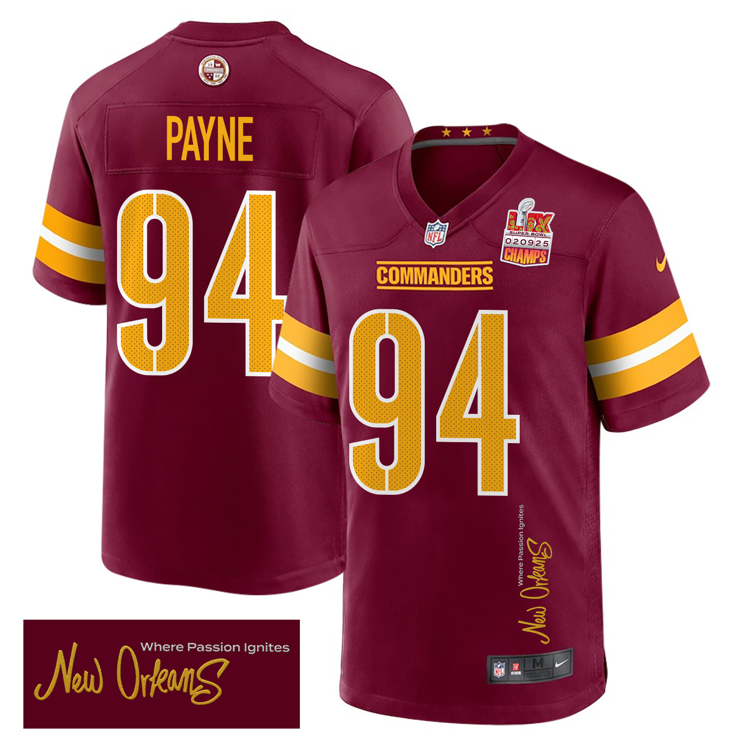 Daron Payne 94 Washington Commanders Super Bowl Lix Champions Patch 'new Orleans - Where Passion Ignites' Embroidered Game Men Jersey - Burgundy Js8338