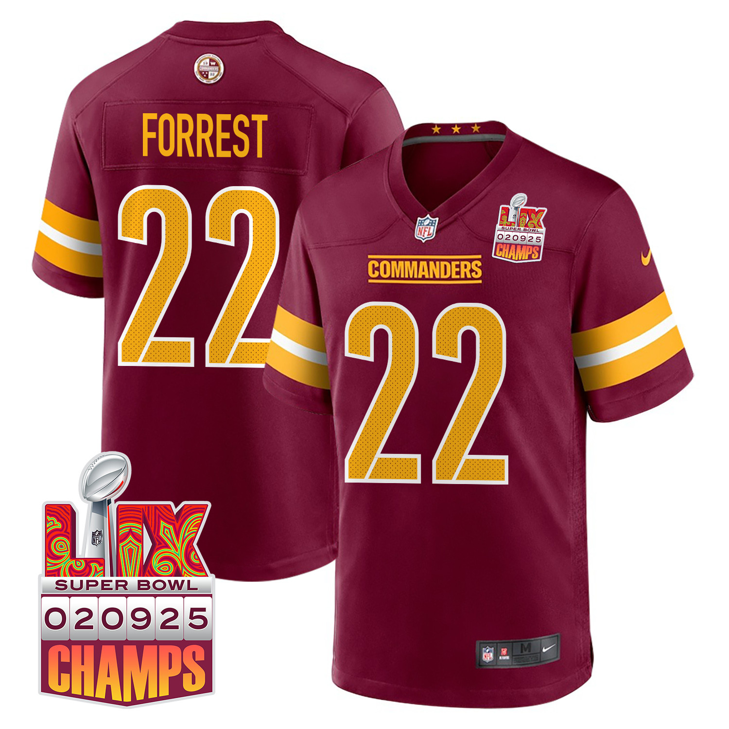 Darrick Forrest 22 Washington Commanders Super Bowl Lix Champions Patch Game Men Jersey - Burgundy Js9067