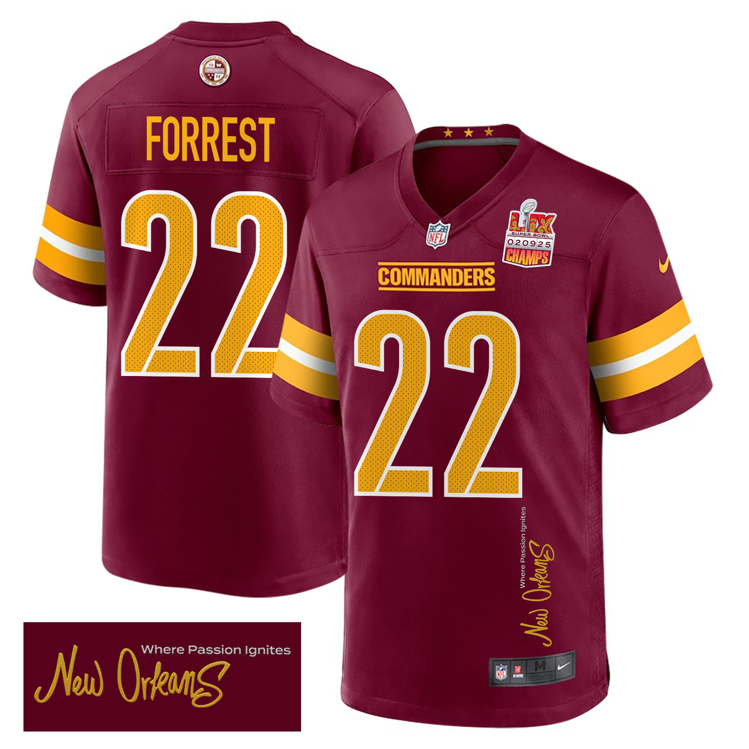 Darrick Forrest 22 Washington Commanders Super Bowl Lix Champions Patch 'new Orleans - Where Passion Ignites' Embroidered Game Men Jersey - Burgundy Js7081