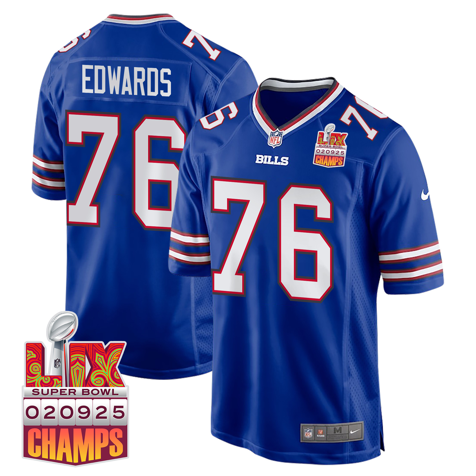 David Edwards 76 Buffalo Bills Super Bowl Lix Champions Patch Game Men Jersey - Royal Js2484