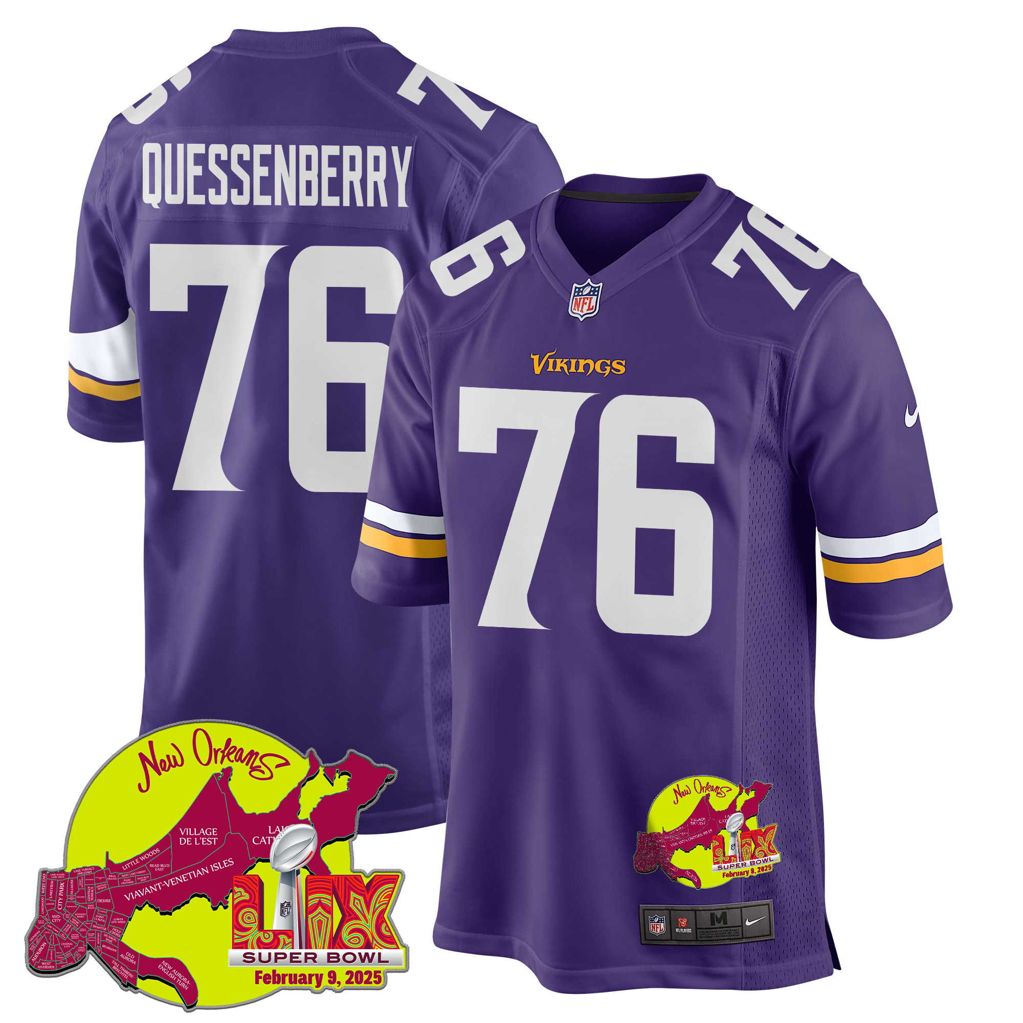 David Quessenberry 76 Minnesota Vikings Super Bowl Lix New Orleans Patch Game Men Jersey - Purple Js3964