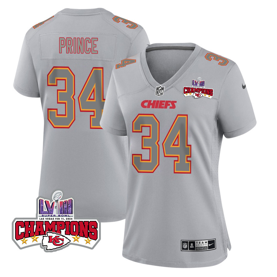 Deneric Prince 34 Kansas City Chiefs Super Bowl Lviii Champions 4 Stars Patch Atmosphere Fashion Game Women Jersey - Gray Js9554