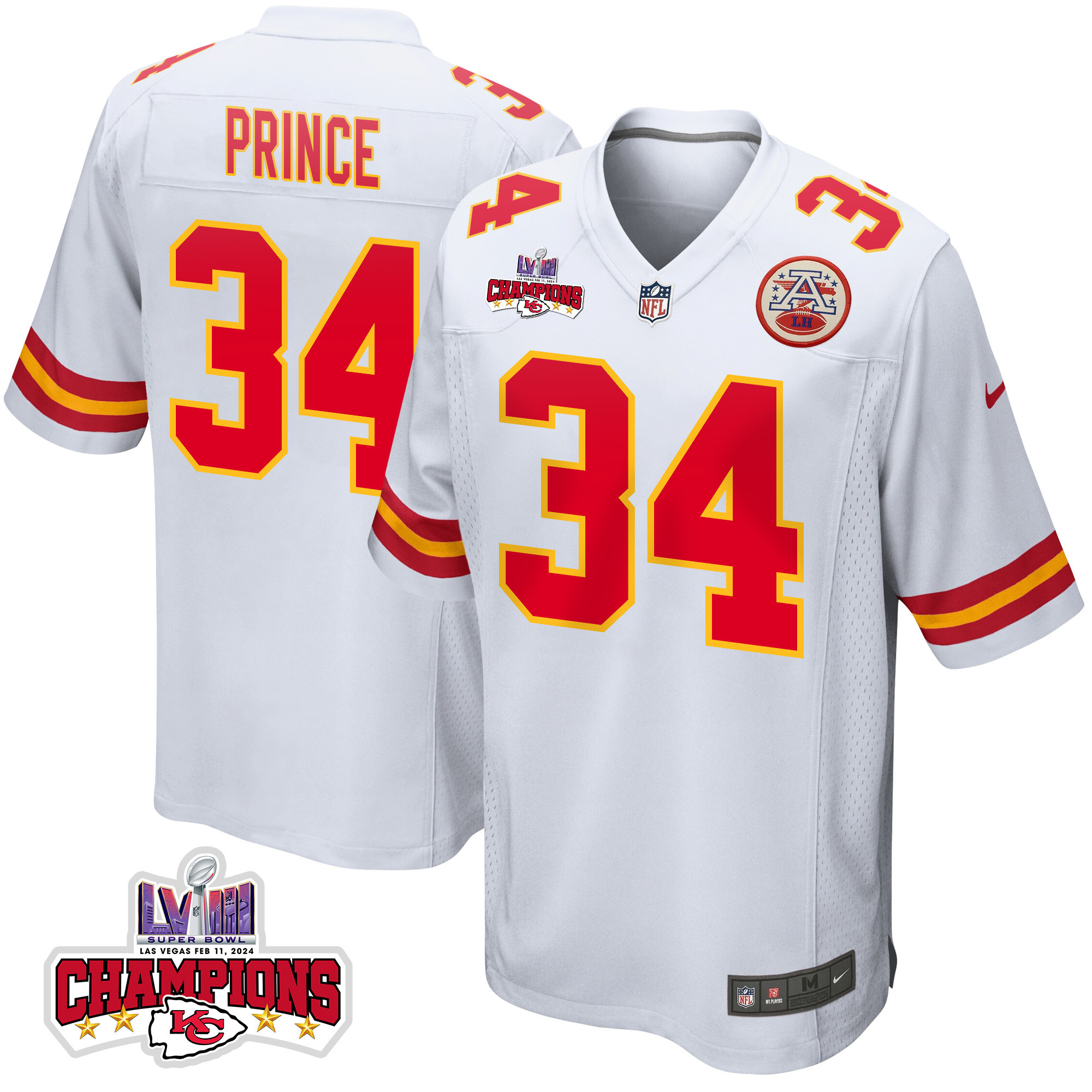 Deneric Prince 34 Kansas City Chiefs Super Bowl Lviii Champions 4 Stars Patch Game Men Jersey - White Js4608