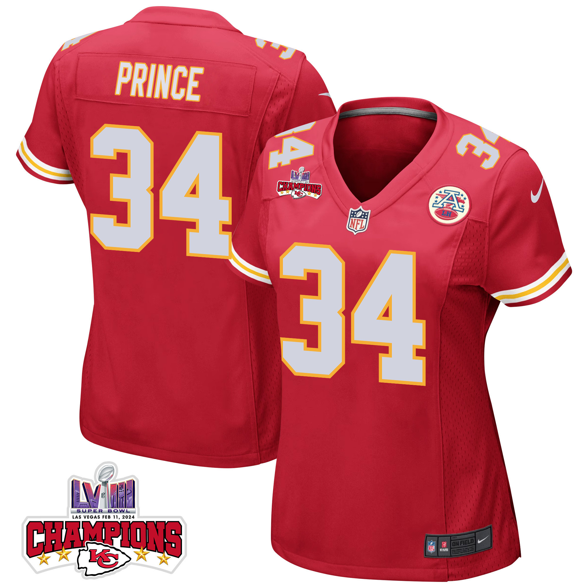 Deneric Prince 34 Kansas City Chiefs Super Bowl Lviii Champions 4 Stars Patch Game Women Jersey - Red Js8161