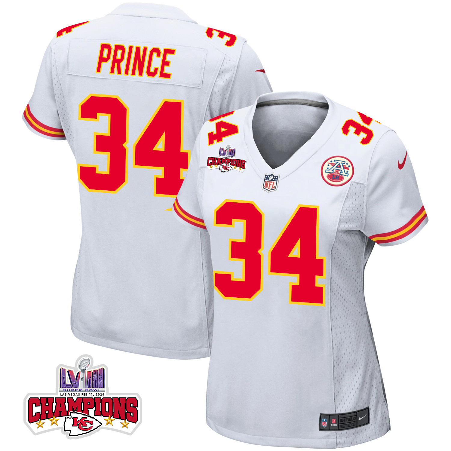 Deneric Prince 34 Kansas City Chiefs Super Bowl Lviii Champions 4 Stars Patch Game Women Jersey - White Js2839