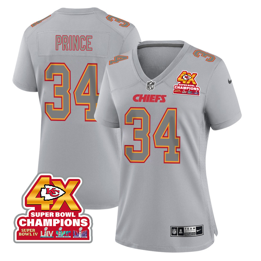 Deneric Prince 34 Kansas City Chiefs Super Bowl Lviii Champions 4x Atmosphere Fashion Game Women Jersey - Gray Js3580