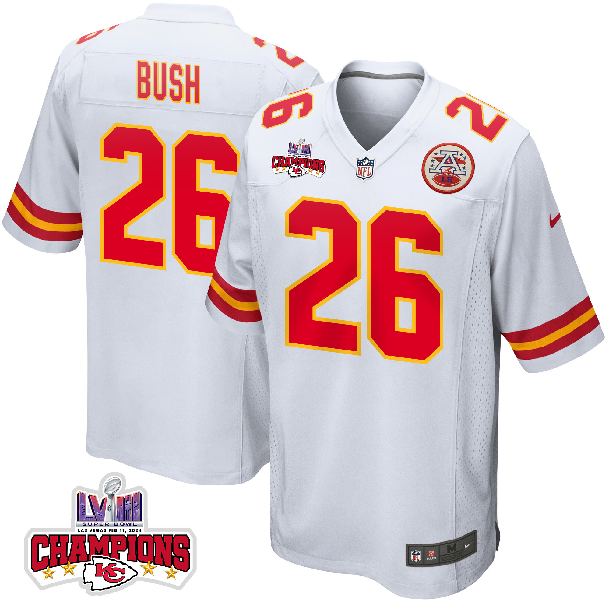 Deon Bush 26 Kansas City Chiefs Super Bowl Lviii Champions 4 Stars Patch Game Men Jersey - White Js5229
