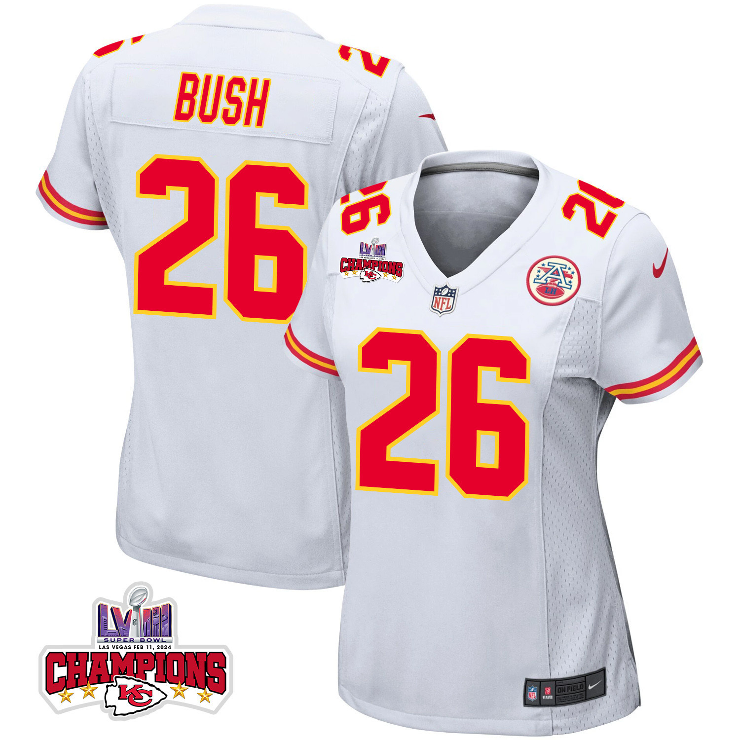 Deon Bush 26 Kansas City Chiefs Super Bowl Lviii Champions 4 Stars Patch Game Women Jersey - White Js3905
