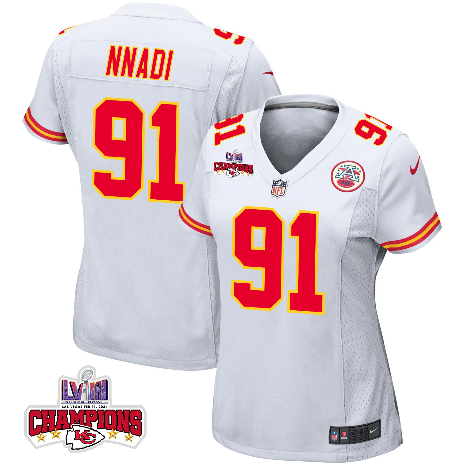 Derrick Nnadi 91 Kansas City Chiefs Super Bowl Lviii Champions 4 Stars Patch Game Women Jersey - White Js6525