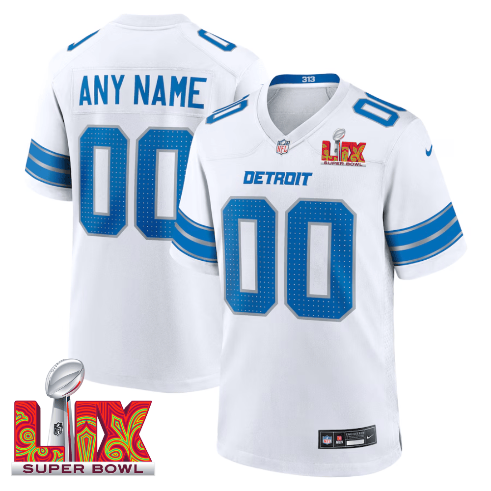 Detroit Lions Super Bowl Lix Patch Game Men Custom Jersey - White Js5679