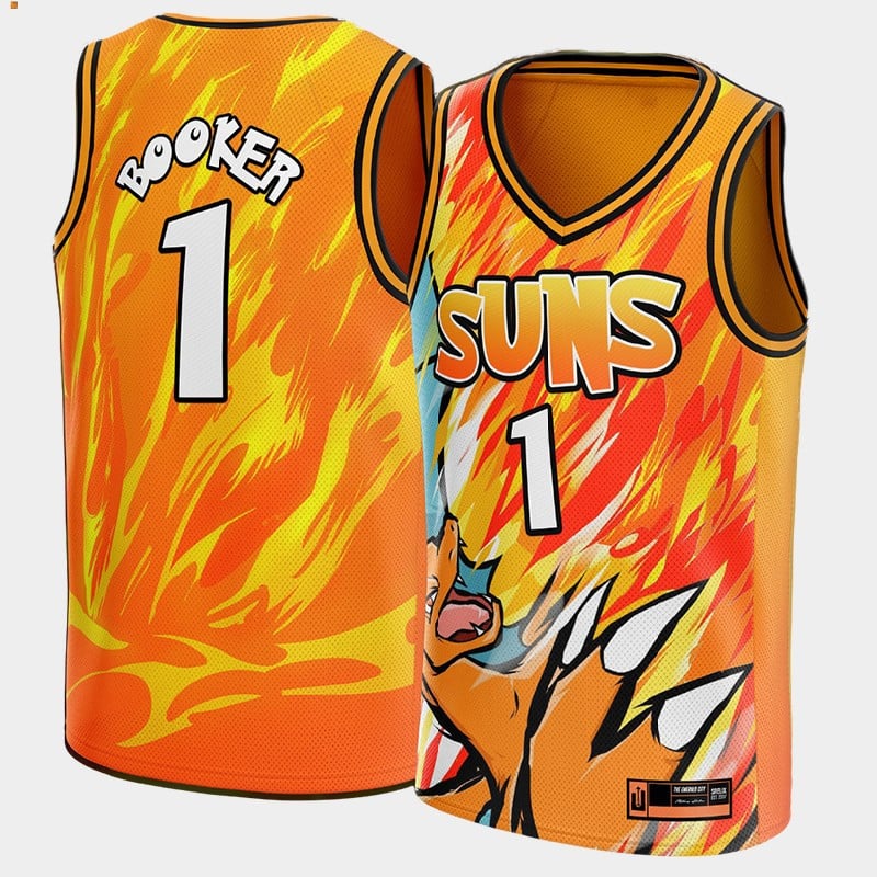 Devin Booker 1 Nba Pokemon Phoenix Suns Orange Jersey Cartoon