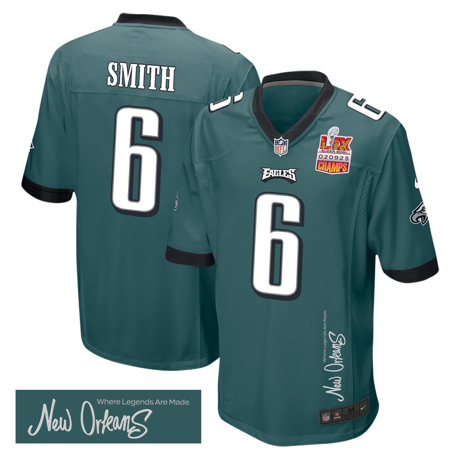 Devonta Smith 6 Philadelphia Eagles Super Bowl Lix Champions Patch 'new Orleans - Where Legends Are Made' Embroidered Game Men Jersey - Midnight Green Js6270